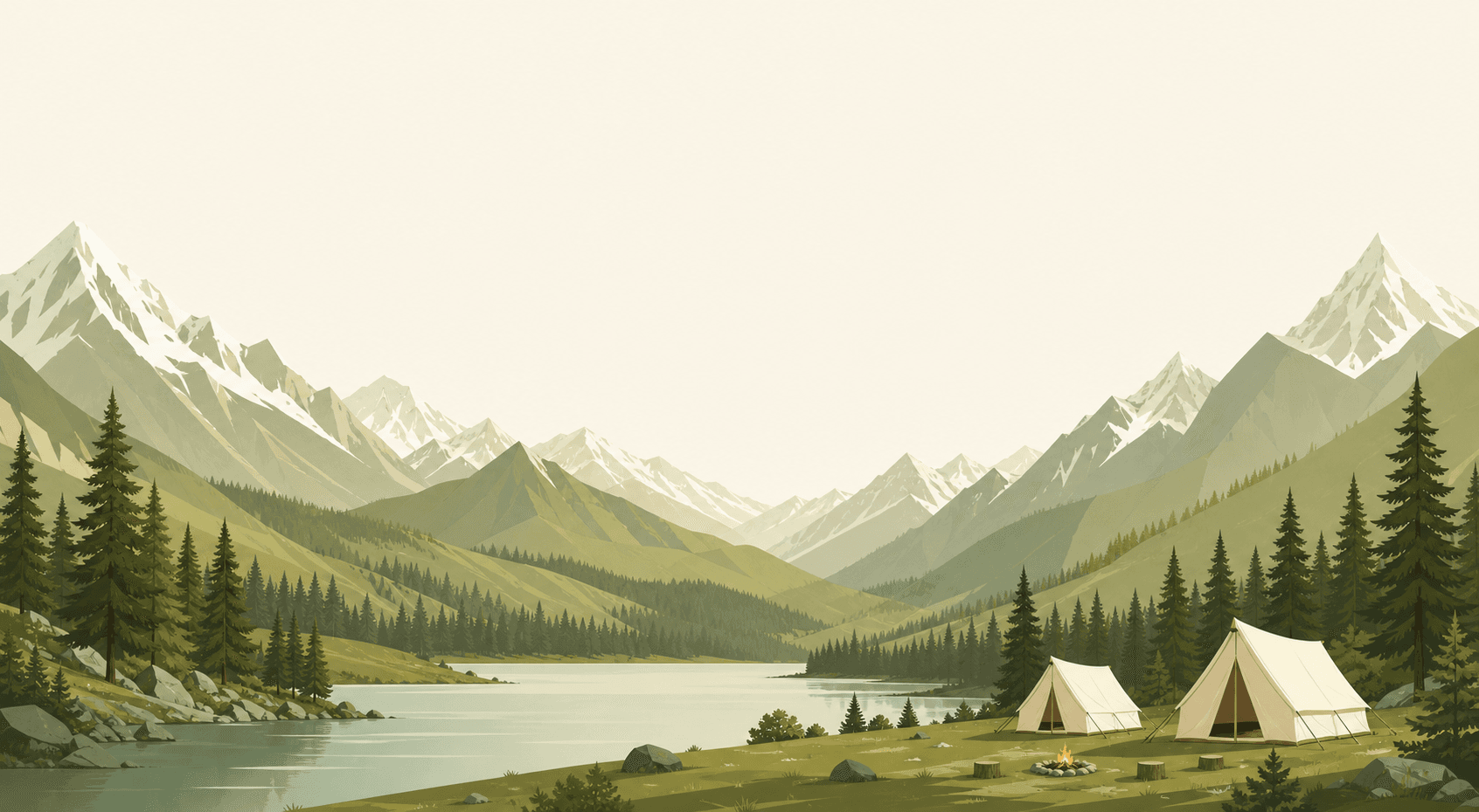 Illustration of Kalam’s mountain peaks, deodar forest, alpine lake, and a quiet lakeside campsite