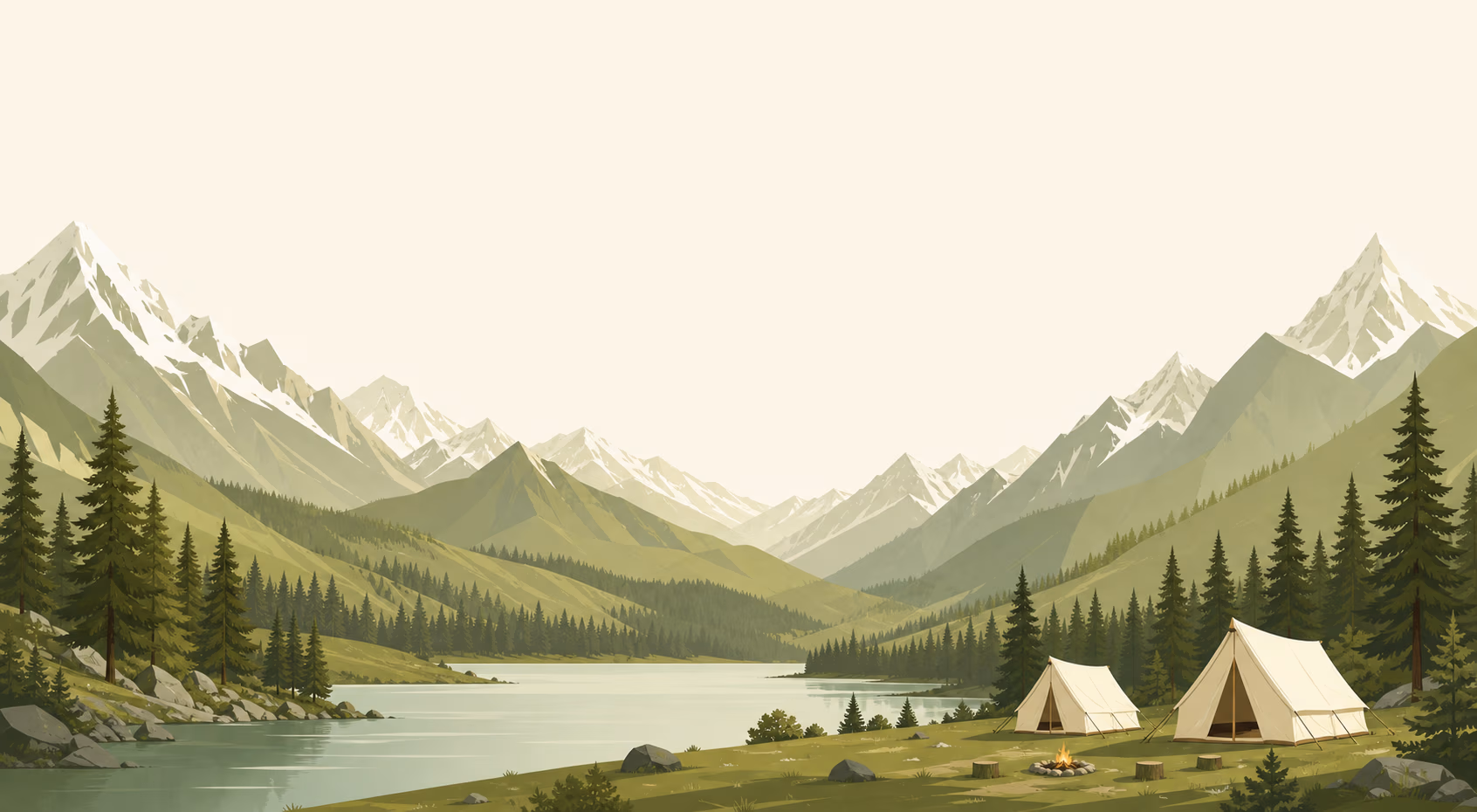 Illustration of Kalam’s mountain peaks, deodar forest, alpine lake, and a quiet lakeside campsite